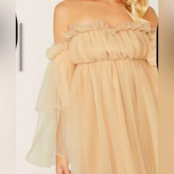 SHEIN Women's XS Beige Off-Shoulder Tulle Party Dress Flared Sleeves - Picture 4 of 8
